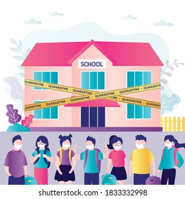 School building with yellow warning tapes. School closed, students with backpacks. Kids in protective masks. Distance education. Lockdown, covid-19 prevention. Trendy flat vector illustration