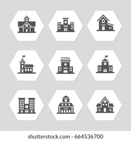 School buildings flat icons. Collection of design education buildings. Vector illustration