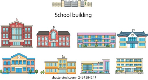 School buildings of various designs. outline Simple flat design illustration.