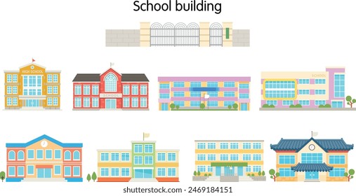 Edificios escolares de varios diseños. Ilustración simple del diseño plano.