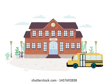 School bulding front view. Idea of education and learning. Yellow school bus for pupil transportation. Isolated vector illustration in cartoon style