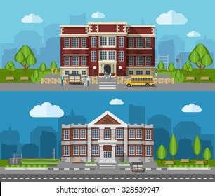 School buldings outdoors flat horizontal banner set isolated vector illustration