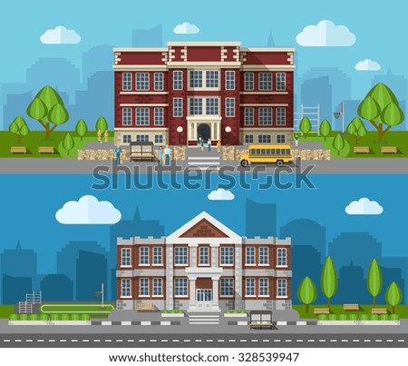 School buldings outdoors flat horizontal banner set isolated vector illustration