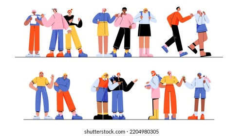 School Bullies Concept, Teen Violence, Negative Behavior. Students Mocking And Shame Victim, Pointing, Take Money. Vector Flat Illustration Of Kids Bullying, Bad Behavior Problem