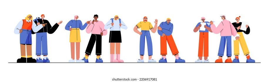 School bully torment classmates. Aggressive teenagers laugh and pointing on helpless students. Teens violence and sabotage. Characters bullying, aggression, conflict, Line art flat vector illustration