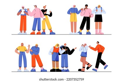 School bully torment classmates. Aggressive teenagers laugh and pointing on helpless students. Teens violence and sabotage. Characters bullying, aggression, conflict, Line art flat vector illustration