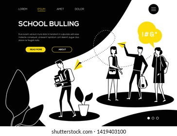 School bullying - flat design style web banner with copy space for text. Black, yellow and white composition with sad boy feeling ashamed, a group of teenagers mocking him. Problems at school concept