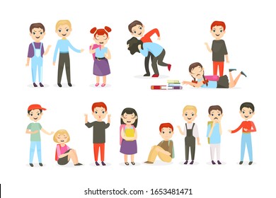 Ilustraciones vectoriales planas de acoso escolar. Abuso físico y psicológico, conflictos en las aulas. Luchando contra los niños, burlándose de los alumnos colección de caricaturas aisladas de fondo blanco