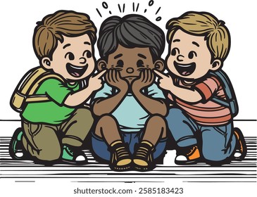 School Bullying Scene - Two Boys Teasing a Sad Classmate - Anti-Bullying Campaign Illustration