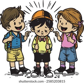 School Bullying Scene - Two Kids Teasing a Sad Boy - Anti-Bullying Awareness Illustration