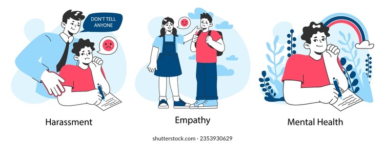 School bullying set. Upset victim being bullied and shamed by others. Harassment and humiliation victim. Social violence problem. School verbal or physical abuse. Flat vector illustration