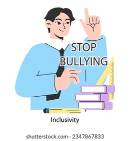 School bullying. Students' mental health awareness in school. Children upbringing and education. School inclusivity, anti-bullying program. Modern approach to teaching. Flat vector illustration