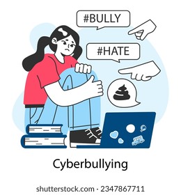 School bullying. Upset victim being bullied and shamed by others on the internet. Online harassment with mean and hurtful messages. Cyberbullying, social network violence. Flat vector illustration