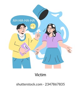 School bullying. Upset victim being bullied and shamed by others. Pressure and humiliation victim. Social violence problem. School verbal or physical abuse. Flat vector illustration