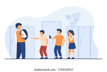 School bullying victim concept. Group of kids laughing at sad lonely boy, pointing finger at nerd in corridor. Vector illustration for aggressive children, social problem at school, conflict concept