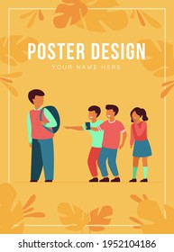 School bullying victim concept. Group of kids laughing at sad lonely boy, pointing finger at nerd in corridor. Vector illustration for aggressive children, social problem at school, conflict concept