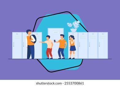 School bullying victim concept. Group of kids laughing at sad lonely boy, pointing finger at nerd in corridor. Vector illustration for aggressive children, social problem at school, conflict concept