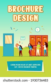 School bullying victim. Group of kids laughing at sad lonely classmate, pointing finger at girl, shooting video. Vector illustration for nerd, aggression, cruel children concept