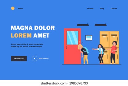 School bullying victim. Group of kids laughing at sad lonely classmate, pointing finger at girl, shooting video. Vector illustration for nerd, aggression, cruel children concept