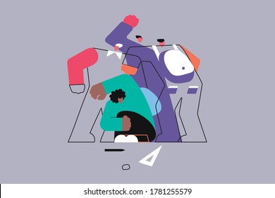 School, bullying, violence, racism, fight concept. Young aggressive angry racists children kids kick beating frightened african american schoolboy at corridor. Teenager agression power demonstration.