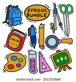 school bundle illustration vector graphic, cute doodle icon, with school things. fit on back to school theme, school theme, and doodle art