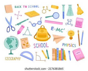 School bundle. Learning and studying objects, rulers and books. Pens, pencils and school supplies vector elements set. Education stationery, equipment for chemistry, geography classes