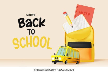 School bus 3D art style with school supplies vector illustration