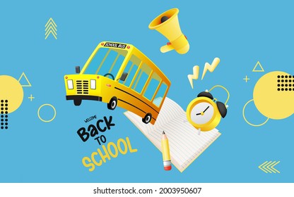 Estilo de arte 3D del bus escolar con suministros escolares ilustración vectorial