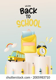 School bus 3D art style with school supplies vector illustration