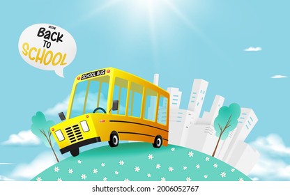 School bus 3D art style driving on the road with city and beautiful sky background vector illustration