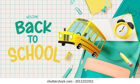 School bus 3D art style with school supplies vector illustration