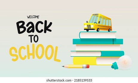 School bus 3D art style with school supplies vector illustration