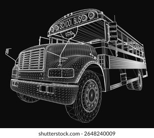 School bus 3D wireframe model with detailed headlights, grille, and wheels stands out against a deep black background. The clean design highlights the vehicle's structure and iconic.