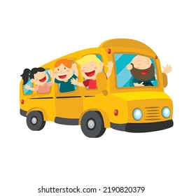 School bus with school accessories and book on blank background