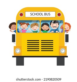 School bus with school accessories and book on blank background