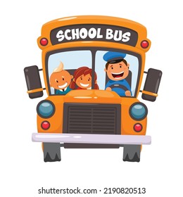 School bus with school accessories and book on blank background