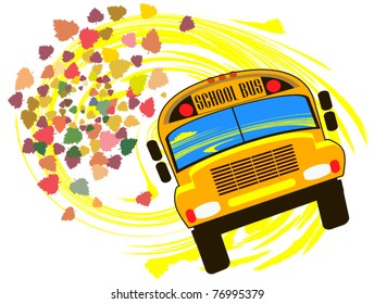 School bus against the backdrop of autumn leaves falling