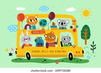 School bus with animals. Two storey kids transport. Pupils coming to lessons. Little fires students. Funny bear or bunny. Classmates traveling by autobus. Vector vehicle