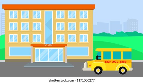 School bus arriving background. Flat illustration of school bus arriving vector background for web design