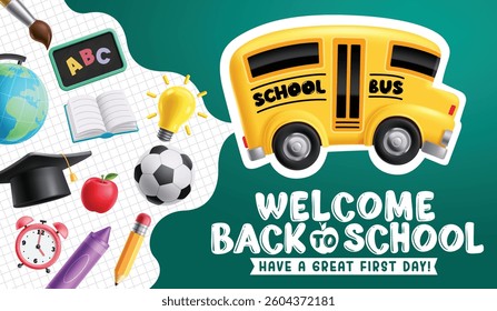 School bus back to school clipart design. Welcome back to school greeting text with educational study elements and bus sticker clip art vector illustration. 
