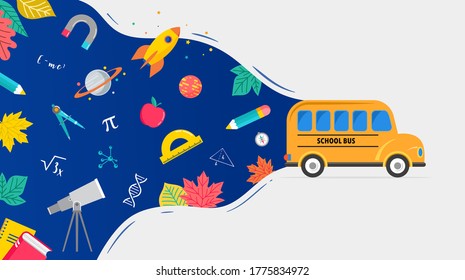 School bus, back to school concept illustration with icons of supplies and books. Vector background design