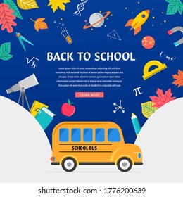 School bus, back to school concept illustration with icons of supplies and books. Vector background design