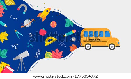 School bus, back to school concept illustration with icons of supplies and books. Vector background design