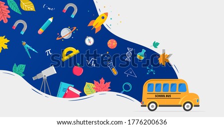 School bus, back to school concept illustration with icons of supplies and books. Vector background design