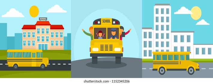 School bus back kids banner concept set. Flat illustration of 3 school bus back kids vector banner concepts for web