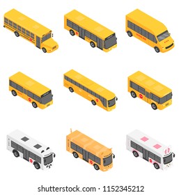 School bus back kids icons set. Isometric illustration of 9 school bus back kids vector icons for web