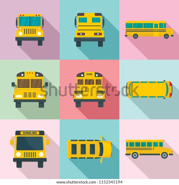 School bus back kids icons set.\
Flat illustration of 9 school bus back kids vector icons for\
web