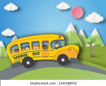 School Bus ,back To School Paper Art Style.