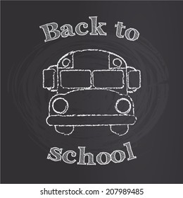 School bus with back to school sign on chalk board, vector illustration