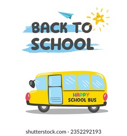 School bus and Back to school text vector. School bus clip art. Education concept. Back to School lettering. design element. Flat vector in cartoon style